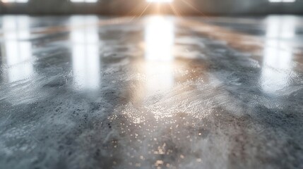 Poster - Polished concrete glistens under soft lighting, revealing gentle reflections and subtle texture irregularities