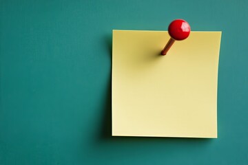 Wall Mural - Yellow sticky post it note with red pushpin isolated on background