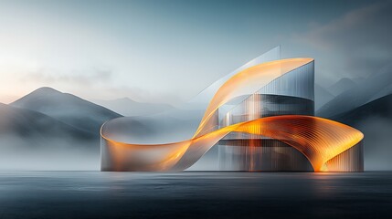 Poster - Futuristic building, golden curves, mountain backdrop