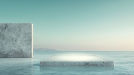Poster - Minimalist, light gray stone podium on water