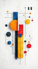 Poster - Abstract geometric art with circles, rectangles, and lines in vibrant colors on a textured white background