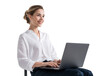 © ImageFlow - Professional woman in white blouse using a laptop while sitting. Isolated on white background. Concept of business, remote work, technology, or corporate