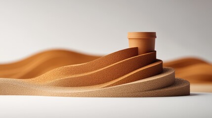 Poster - Terracotta pot atop sculpted sand dunes. Minimalist desert scene