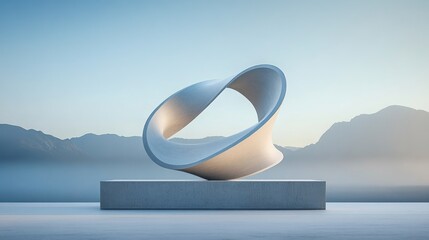 Poster - Abstract white sculpture on a platform, set against a hazy mountain backdrop