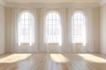 Poster - Empty room with wooden floor beautiful light from large windows creating a calm atmosphere