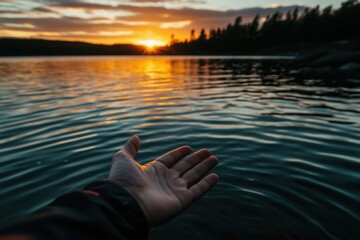 Poster - Hand touching calm lake water at sunset with golden orange hues