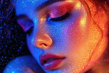 Poster - Futuristic female face with neon lighting intricate dots soft color grading creates an atmospheric and dynamic feel