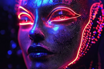 Poster - futuristic female face with neon lighting intricate dots and dynamic color grading creates a soft at