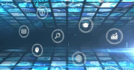 Poster - Animation of digital icons floating over screens grid displaying various images