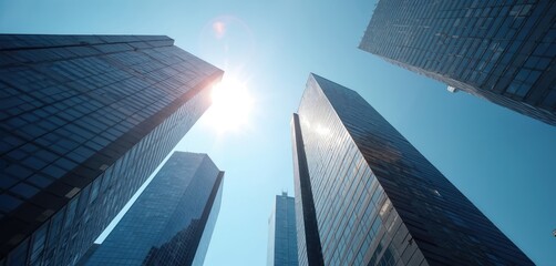 Poster - Modern skyscrapers with glass facades against blue sky. Low angle shot of financial business buildings in city downtown. Urban cityscape architecture, business center, offices, corporate buildings.