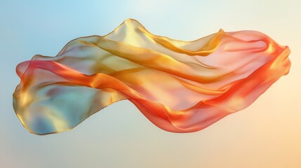 Poster - Silk fabric gracefully moves through the air, showcasing vibrant shades of orange and yellow. The soft texture contrasts beautifully with the calm sky, creating a serene atmosphere at dusk