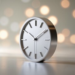 Poster - Elegant stainless steel clock showcasing modern design with soft bokeh background in warm tones