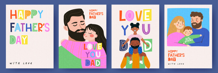 Wall Mural - fathers day card set with cute trendy flat illustrations of dad with son, with daughter, family port