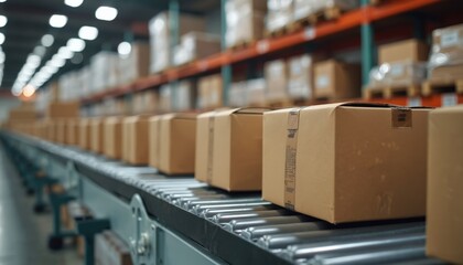 Aufkleber - Cardboard boxes move seamlessly along conveyor belt in warehouse. Industry, storage, delivery, distribution, logistic, export, shipping, transport, purchase. Product ready for retail, post, sending.