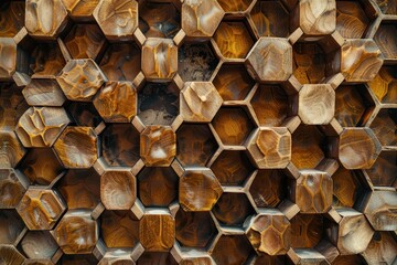 Poster - Honeycomb texture crafted from wooden hexagons showcasing intricate designs and natural grain patterns in a vibrant, warm color palette