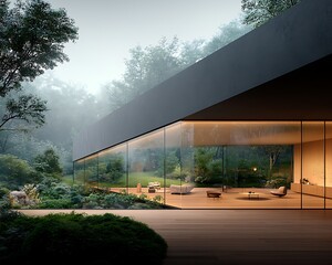 Aufkleber - Modern house with large glass facade, surrounded by lush greenery