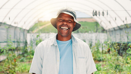 Poster - happy, greenhouse and portrait of man on farm with plants for growth, sustainability and harvesting.