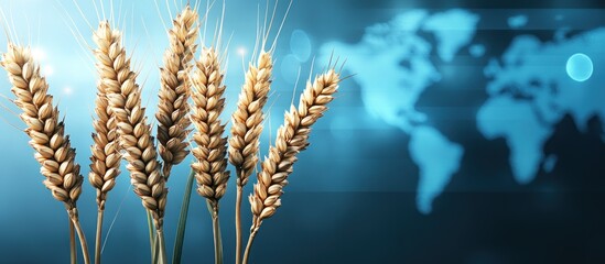 several stalks of golden wheat with a global map background