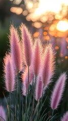 Aufkleber - Delicate pink grasses stand tall against a warm golden sunset, their feathery tops glowing softly in the twilight. The serene atmosphere captures the essence of nature's beauty