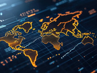 digital world map with glowing orange lines represents global connectivity and data flow, showcasing