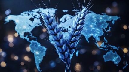 Blue Wheat Stalks Positioned Over A Global World Map Display