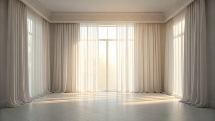 Aufkleber - Bright, airy room with large windows and flowing curtains.