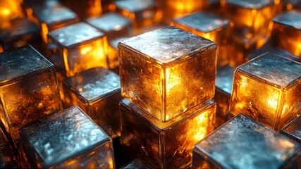 Poster - A futuristic concept of glowing metallic cubes, combining warm golden tones with cool silver hues, creating a visually striking abstract design
