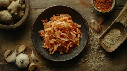 Poster - An artistic arrangement of kimchi ingredients, including chili powder, garlic, and ginger, beautifully displayed on a rustic wooden surface for a traditional touch.