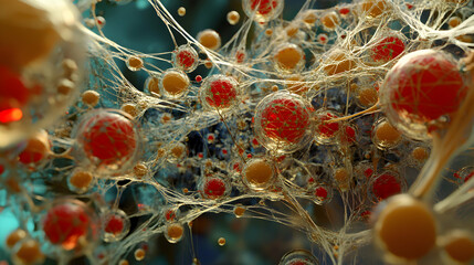 Poster - Interconnected Cellular Structure Displaying Red and Amber Spheres in Complex Web