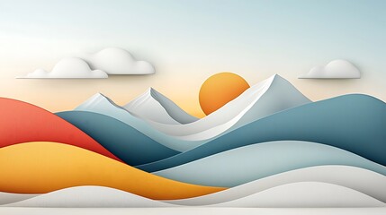 Aufkleber - Colorful, 3D paper mountains and clouds