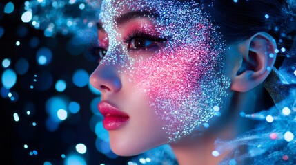 Poster - A young woman stands against a mesmerizing backdrop, her face adorned with shimmering sparkles that reflect vibrant hues