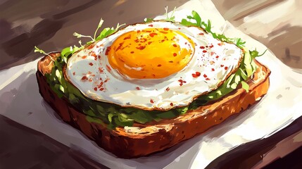 Poster - An artistic shot of avocado toast with a perfectly fried egg on top, garnished with chili flakes and microgreens, highlighting a trendy brunch option.
