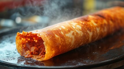 Poster - An artistic shot of a dosa being prepared on a hot griddle, with golden-brown edges and a slight crisp, emphasizing the cooking process and delicious aroma.
