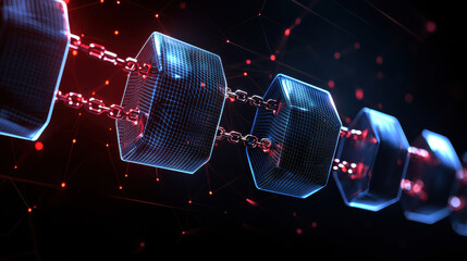 Poster - futuristic digital representation of interconnected hexagonal blocks, symbolizing blockchain technology. glowing chains and vibrant colors create sense of innovation and connectivity