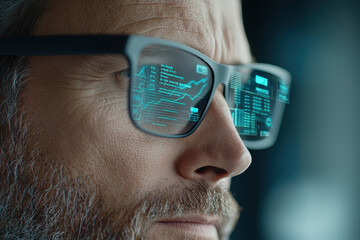 Aufkleber - Digital glasses reflecting data analytics and business graphs showcase modern approach to technology and information analysis. focused expression highlights importance of data in decision making