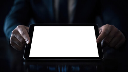 Poster - businessman holds tablet with blank screen, emphasizing potential for digital interaction and innovation in modern workspace. image conveys sense of professionalism and technology