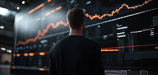 Poster - focused individual analyzes data trends on large digital screen, showcasing financial graphs and statistics in modern workspace. atmosphere conveys sense of determination and insight