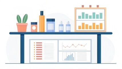 Leinwandbilder - Modern desk with skincare products and business charts displayed.