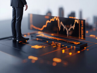 Leinwandbilder - professional investor stands on sleek rooftop, analyzing digital financial chart that displays market trends and data. atmosphere is dynamic and futuristic, reflecting fast paced world of finance