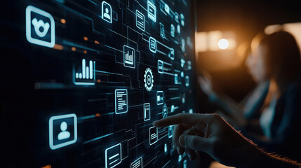 Poster - person interacts with digital interface displaying various icons and data visualizations, symbolizing technology and innovation modern workspace. atmosphere conveys sense of collaboration