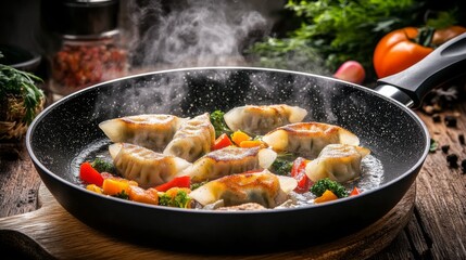Poster - An artistic shot of gyoza cooking in a pan, with steam rising and the aroma of fresh ingredients filling the air, emphasizing the cooking process and flavors.