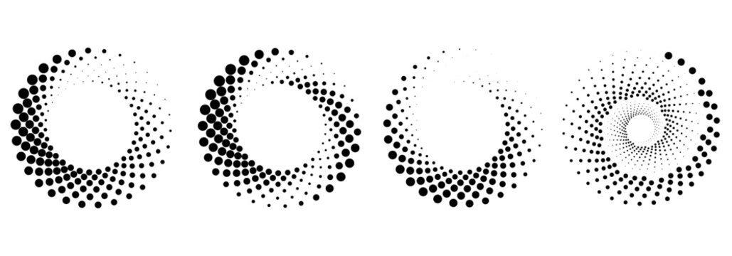 Set of halftone round dotted frames. Design element for frame, logo, web pages, prints, posters, template.