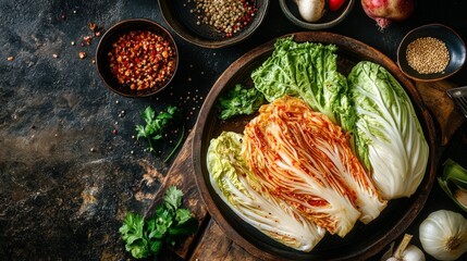 Poster - An artistic shot of kimchi being prepared, featuring ingredients like napa cabbage, radish, and spices, beautifully arranged on a rustic wooden table.