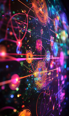 Poster - Complex Network of Interconnected Luminous Spheres on Dark Background