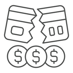 Poster - Broken bank card with coins thin line icon, hacker attacks concept. Vector graphics. Cracked credit card and dollar coin sign on white background, outline style icon for mobile or web design.
