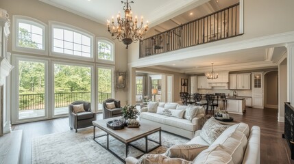 Aufkleber - An elegant living room with high ceilings, beautiful chandeliers, and a comfortable sofa arranged around a classic coffee table for an inviting feel.