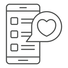 Poster - Smartphone with romantic message thin line icon, mother day concept. Vector graphics. Phone with heart bubble sign on white background, outline style icon for mobile or web design.