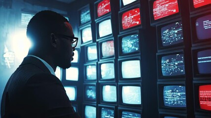 Poster - black security officer monitoring security workstations generative ai
