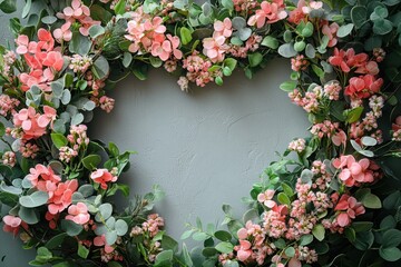 Poster - Colorful floral heart arrangement on a textured dark background showcasing vibrant blooms and greenery for decorative purposes