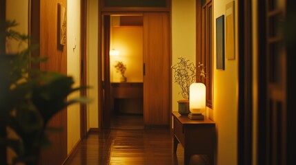 Aufkleber - An inviting hallway in a minimalist home, featuring simple decor, natural wood accents, and soft lighting that creates a warm and welcoming atmosphere.